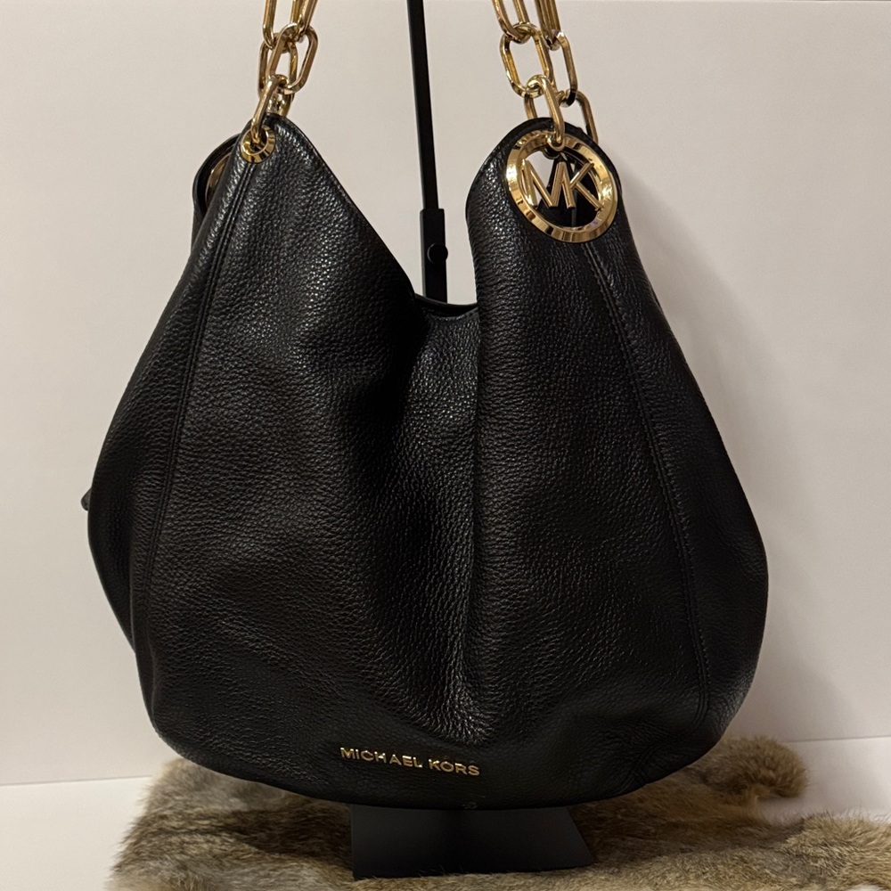 Michael Kors Black Pebbled Leather Hobo with Gold Chain Detail